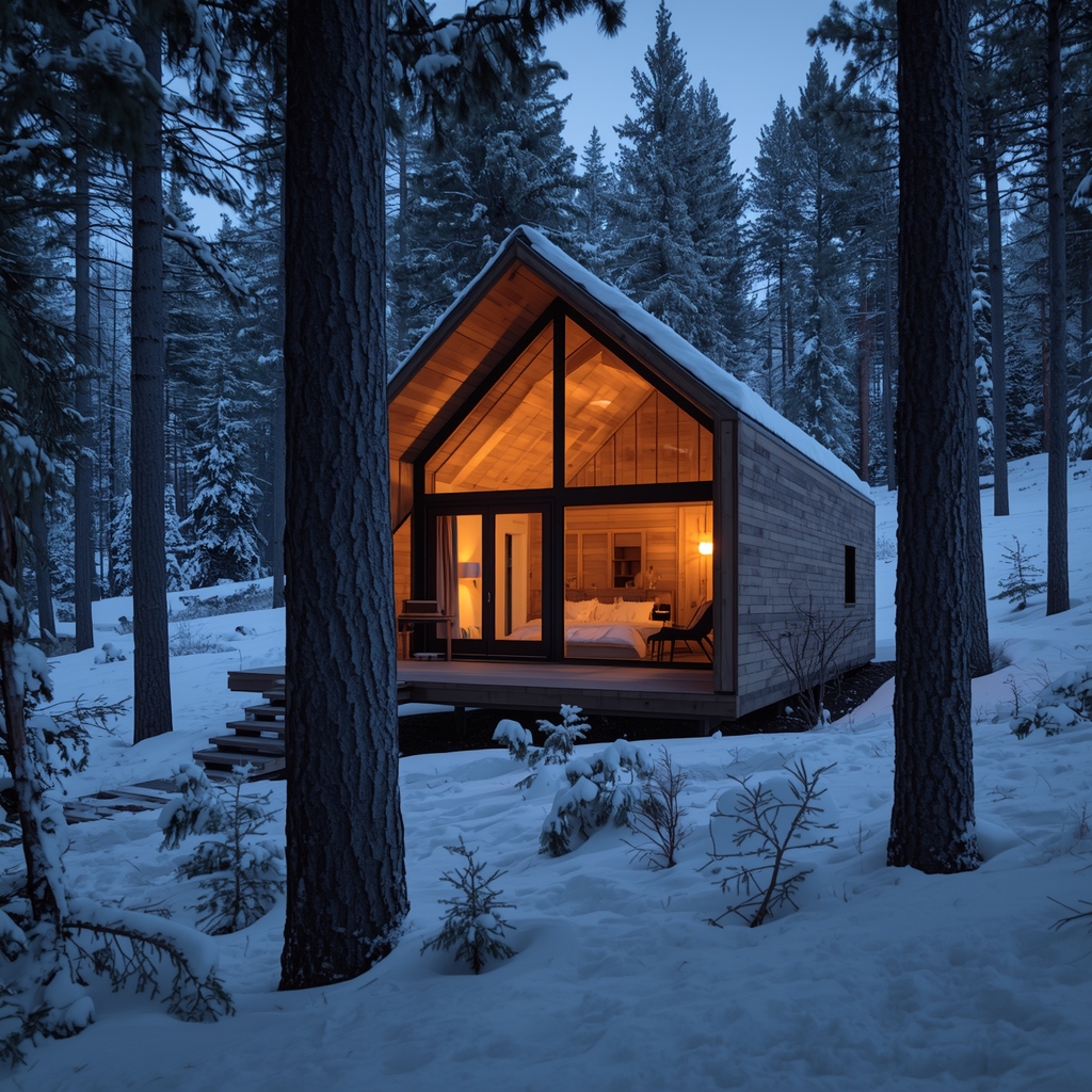An architectural shot of a cozy, modern eco-lodge cabin made of sustainable wood and glass, nestled deep within a thick snowy pine forest. Warm golden light glows from the large windows. Pristine snow, peaceful atmosphere, high-end photography, no people.